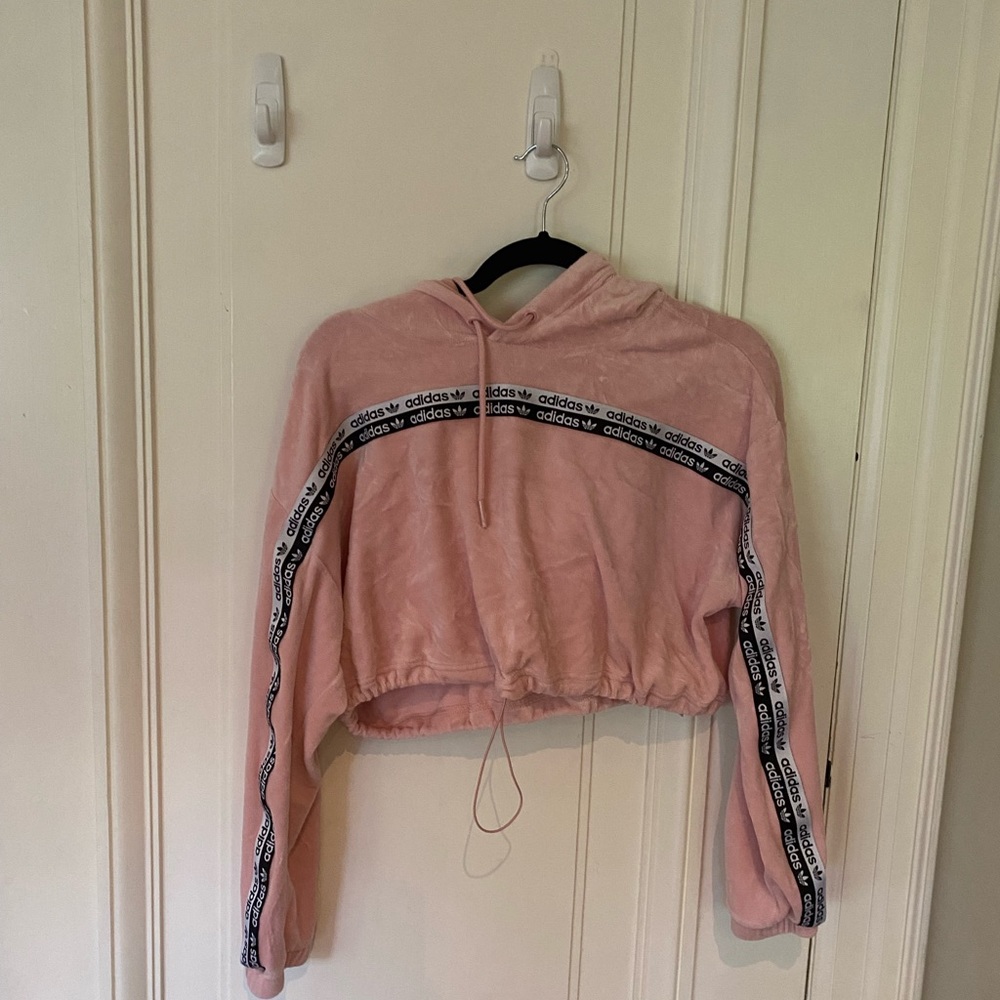 Pink Adidas Track Suit Velour Material Matching Set Sweatsuit Set Pant + Hoodie